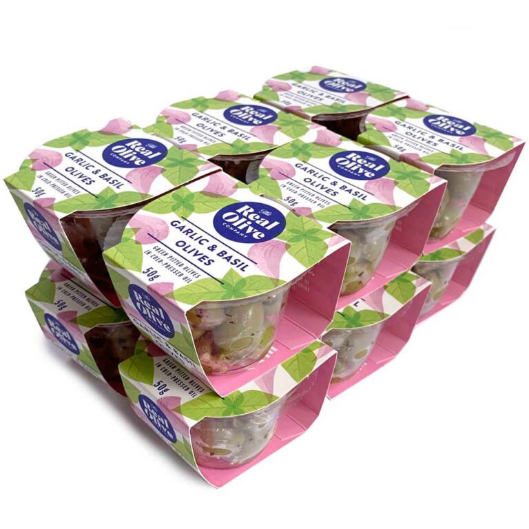 12x 50g Garlic & Basil Olives snack pots.