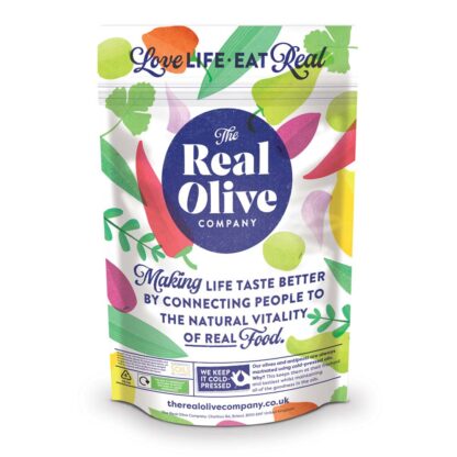 The Real Olive Company 1kg resealable and recyclable foodservice pouches.