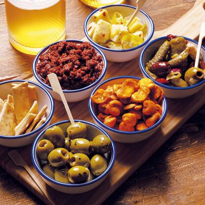 The Real Olive Company hardware meze option. Six carefully curated meze all served in branded melamine bowls and on branded bamboo boards. The food is ready to go with skewers stuck in the olives and cheese.