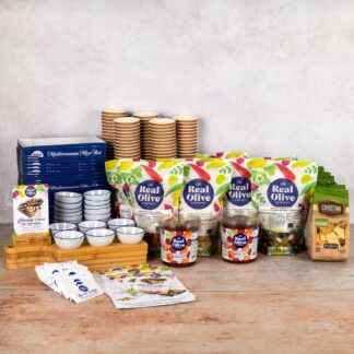 Everything included in the Real Olive Company Meze Starter Pack - including food and equipment.