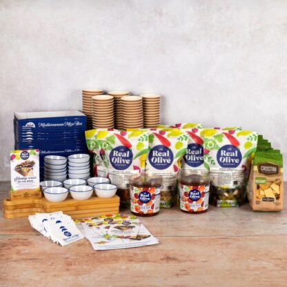 Everything included in the Real Olive Company Meze Starter Pack - including food and equipment.