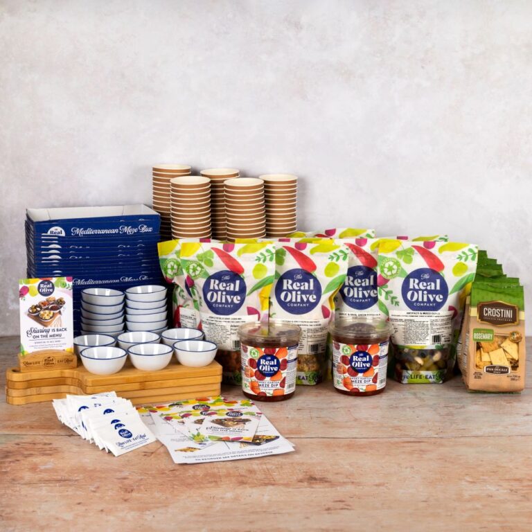 Everything included in the Real Olive Company Meze Starter Pack - including food and equipment.