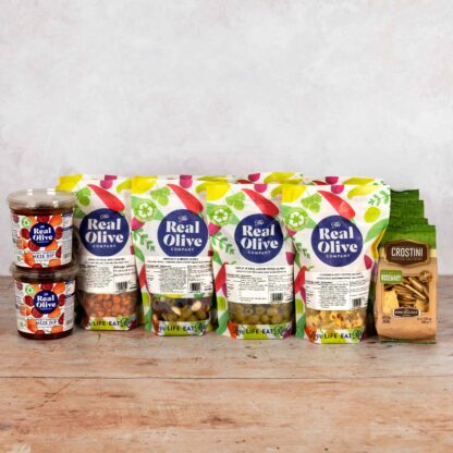 All the food included in The Real Olive Company Meze Starter Pack.