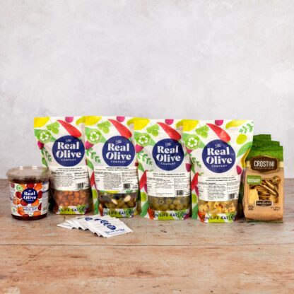 All the food included in The Real Olive Company Meze Starter Pack.