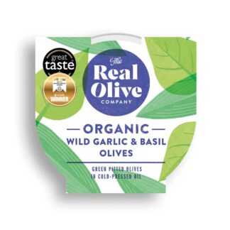 Organic wild garlic & basil pitted olives