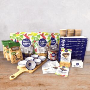 Everything included in the Real Olive Company Meze Starter Pack - including food and equipment.